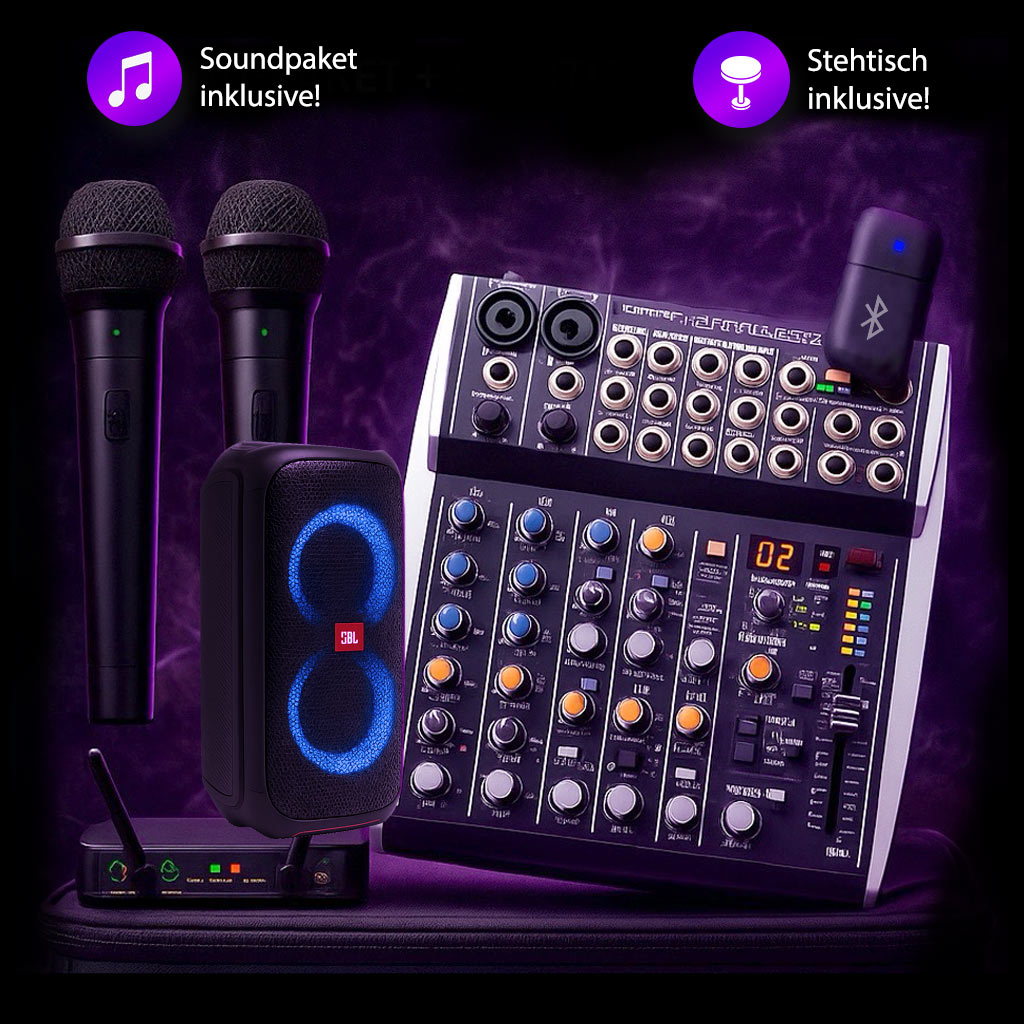 Originalfoto des Karaoke-Pakets mit Mischpult und zwei Funkmikrofonen